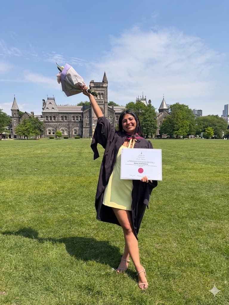 Astha Dhami celebrating graduation on a campus lawn.