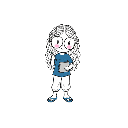 Illustrated character reading a book